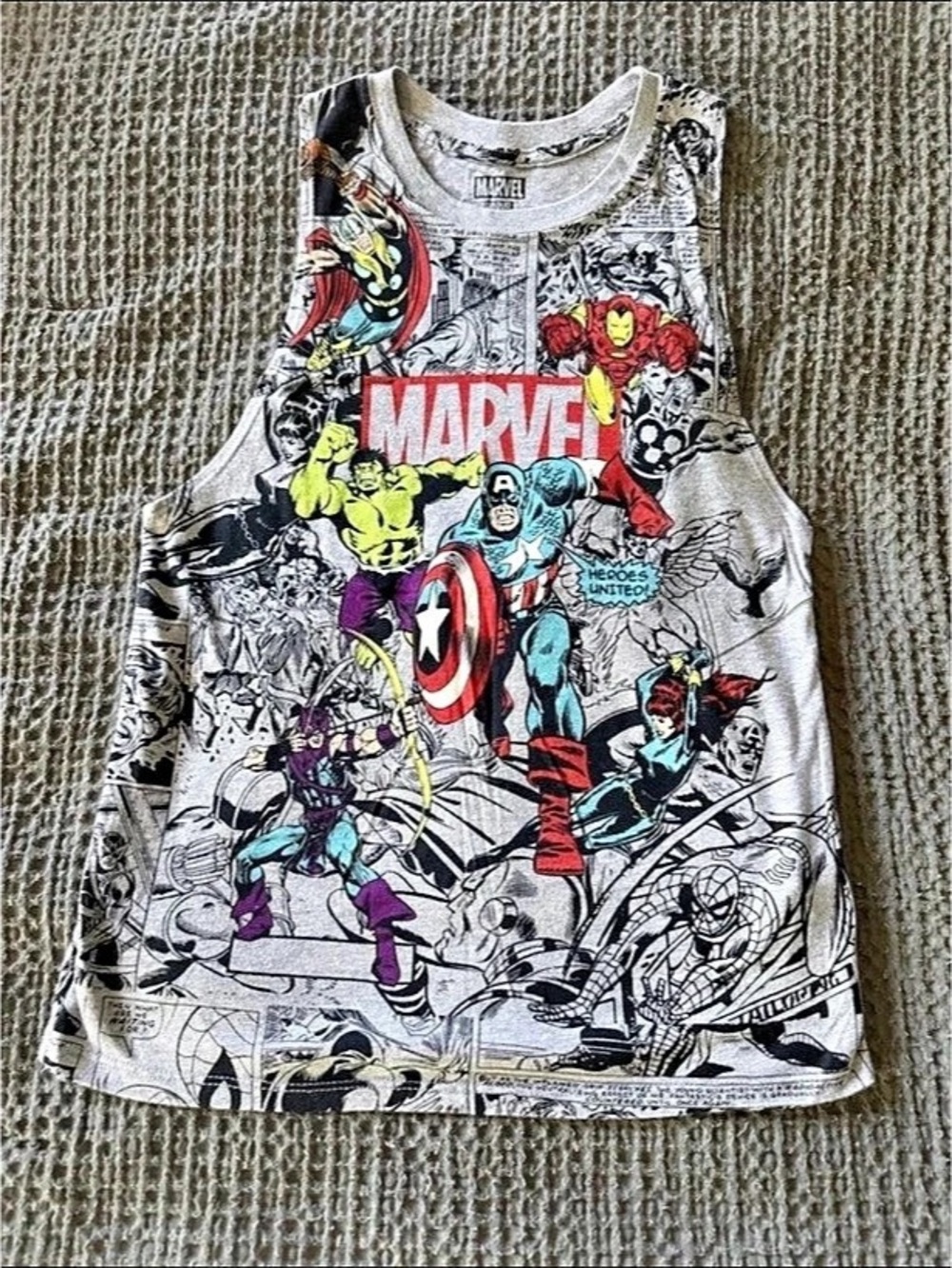 Marvel Avengers Comic Book Print Tank Top Gray & Black Unisex XS